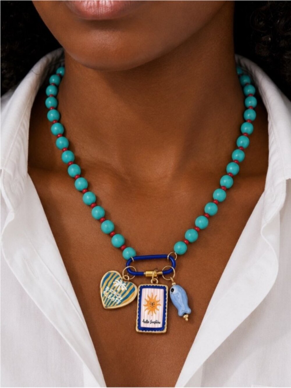 New! Coastal Colorful Blue Beaded Carabiner Necklace NWOT 5034